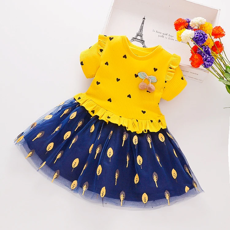 Hot selling  Patchwork knitted o neck children Skirt  Fluffy pleated tulle  baby Dress