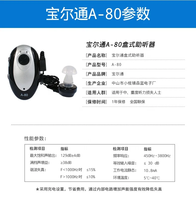 The new trend Baoertong hearing aid A80 lithium battery rechargeable box type portable low noise high quality