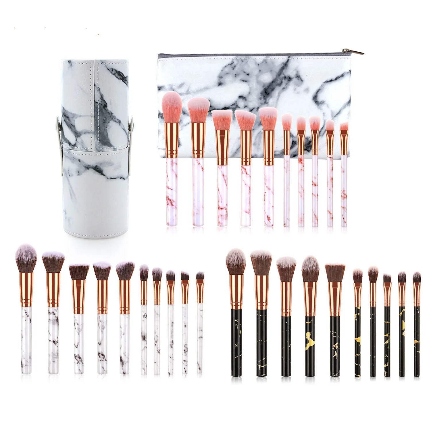 10PCS professional loose powder cheap price free shipping wholesale pink white custom marble makeup brushes set with case holder