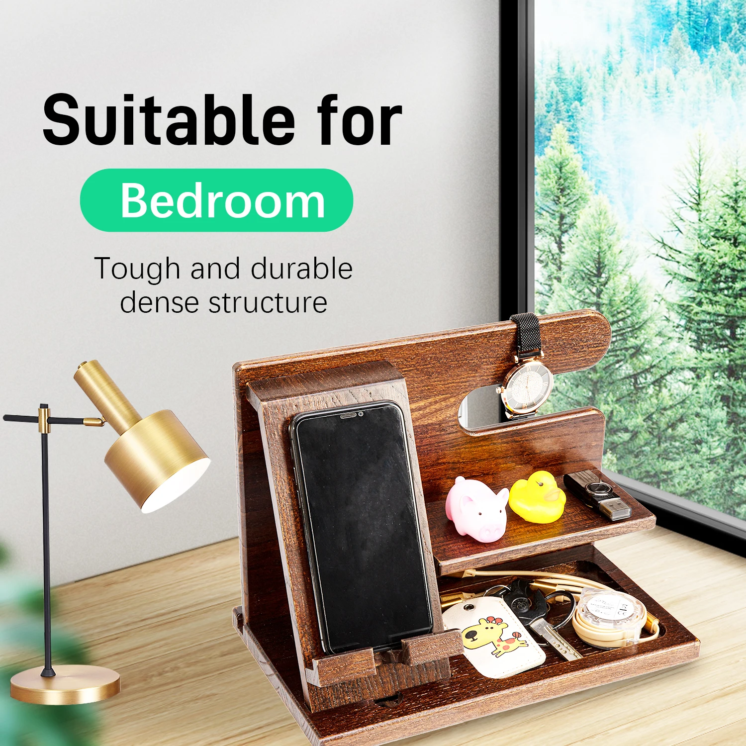 Gifts for Men Dad Natural Wood Phone Docking Station Key Holder Wallet Watch Organizer Stand Desktop Mobile Holders