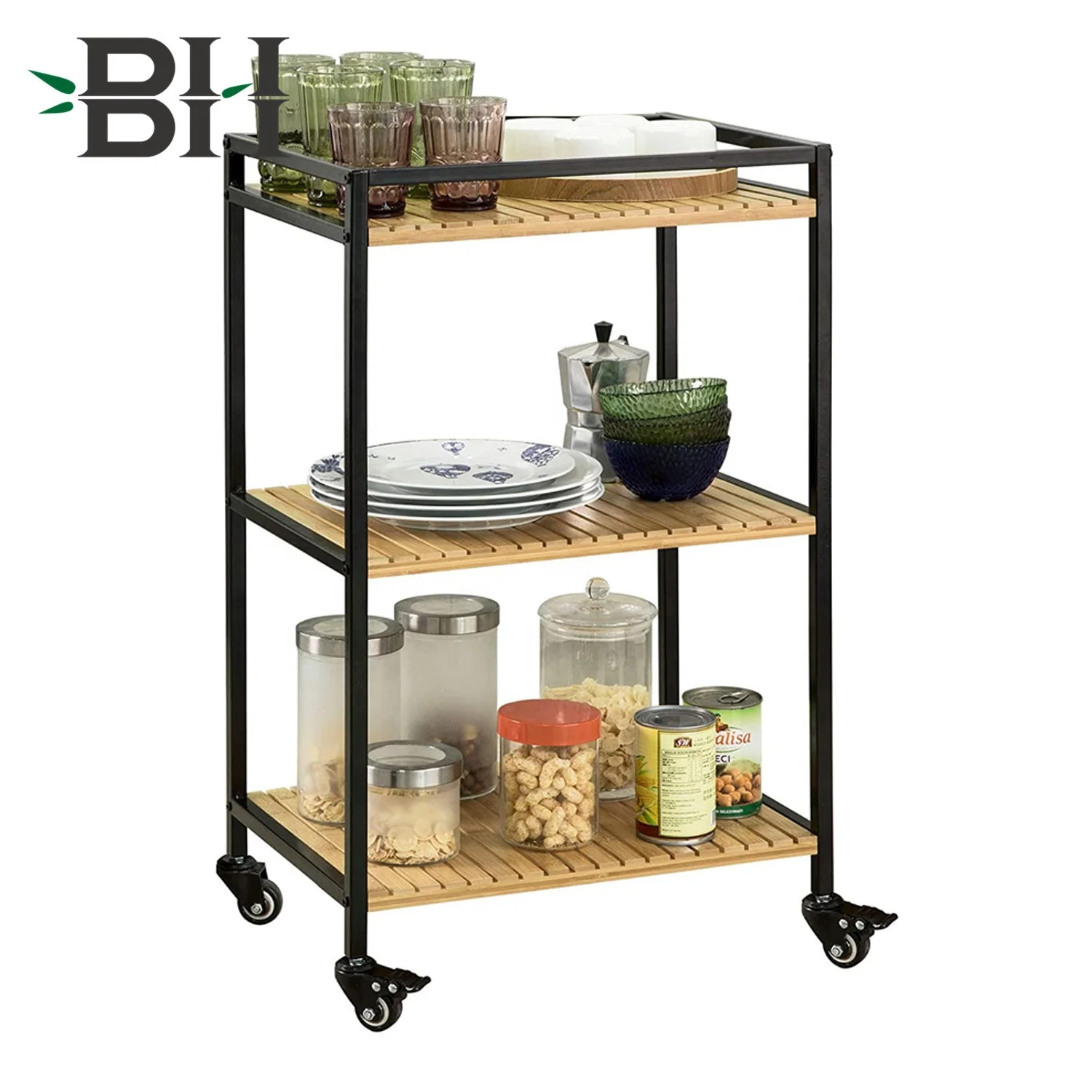 3 Tiers Metal Bamboo Drinks Serving Kitchen Shelf Rolling Utility Cart Bar Car Wheel Trolley Car