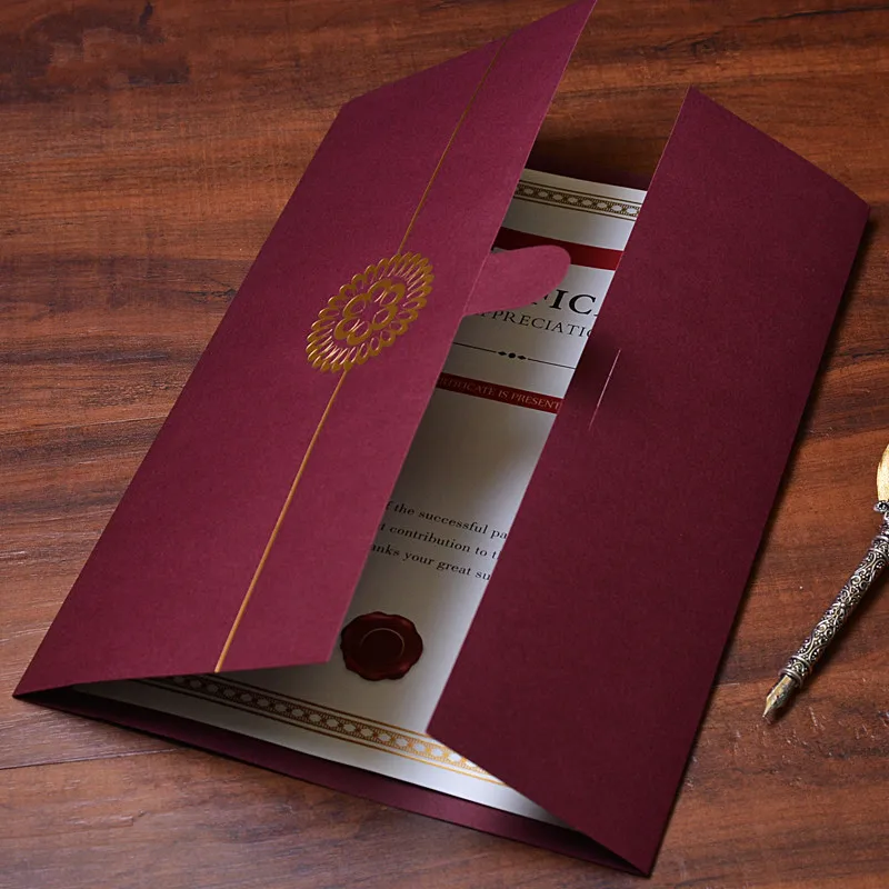 Wholesale Custom Luxury A4 Size Black 3 Folded PU Leather Certificate Holder