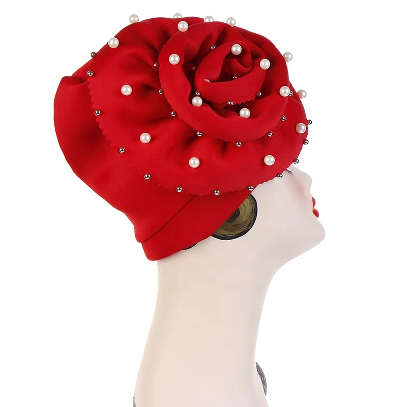 Indonesia Fashion Muslim Women Solid Color Space Cotton Big Flower Pearl Baotou Cap