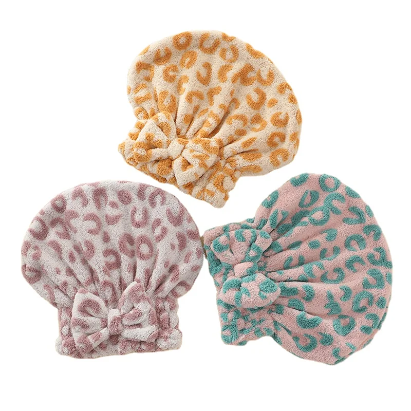 Cheap fast delivery Super absorbent coral velvet Leopard print Bow Hair Towel Cap Rapid Drying Towel For Hair Hair Drying Towel