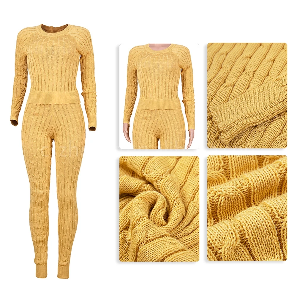ZHEZHE Autumn winter warm casual sweater elegant suit long sleeve knitted tops and high waist stretchy jogger 2 piece set women