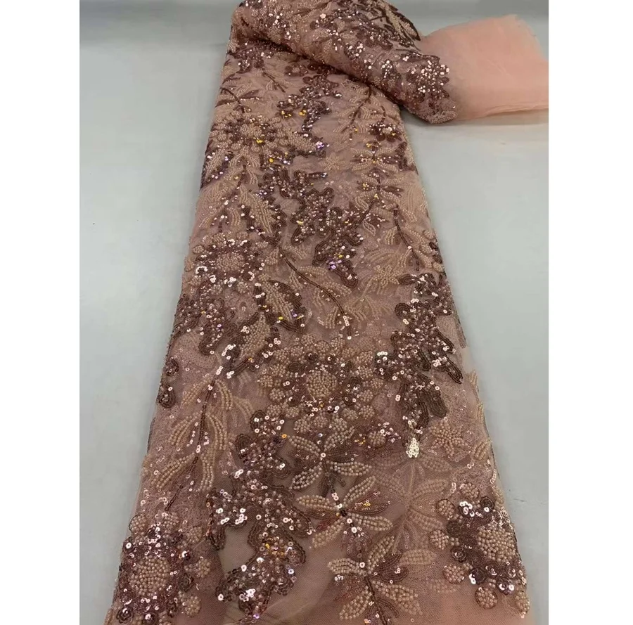 French Lace with Sequins  Beads African  Fabric Lace Wedding Dress High Quality Lace Fabric With Beads And Pearl