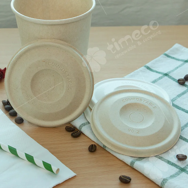 100% Biodegradable PFAS free Sugarcane Pulp Bagasse plastic-free disposable paper coffee cup with Flat Lid and straw
