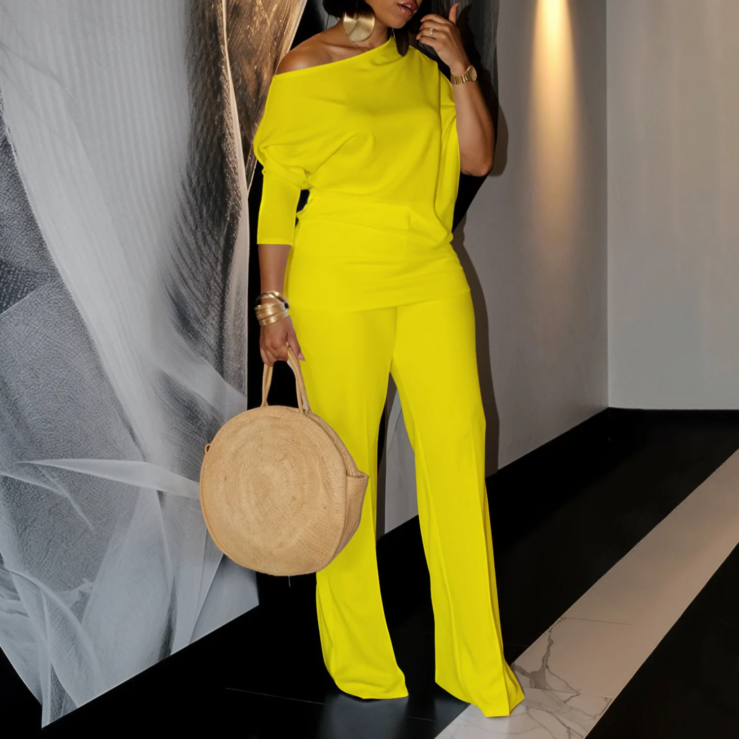 D3298 Latest Design Autumn Jumpsuit Women Elegant Solid Color Slash Neck Wide Leg Jumpsuit For Ladies
