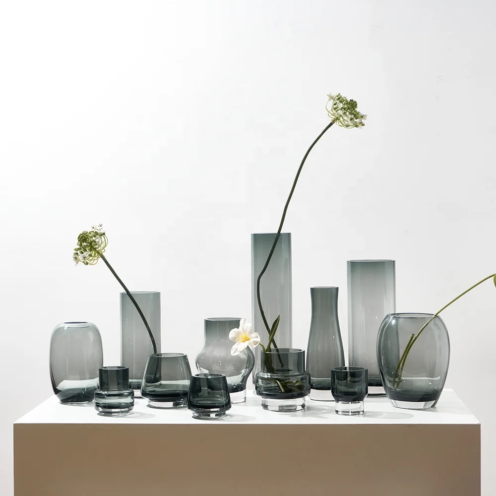 Bixuan Handblown Glass Vase Home Decor Table Centerpieces Mixed Shapes Thick Heavy High-end Blue Grey Glass Wedding Flower Vases