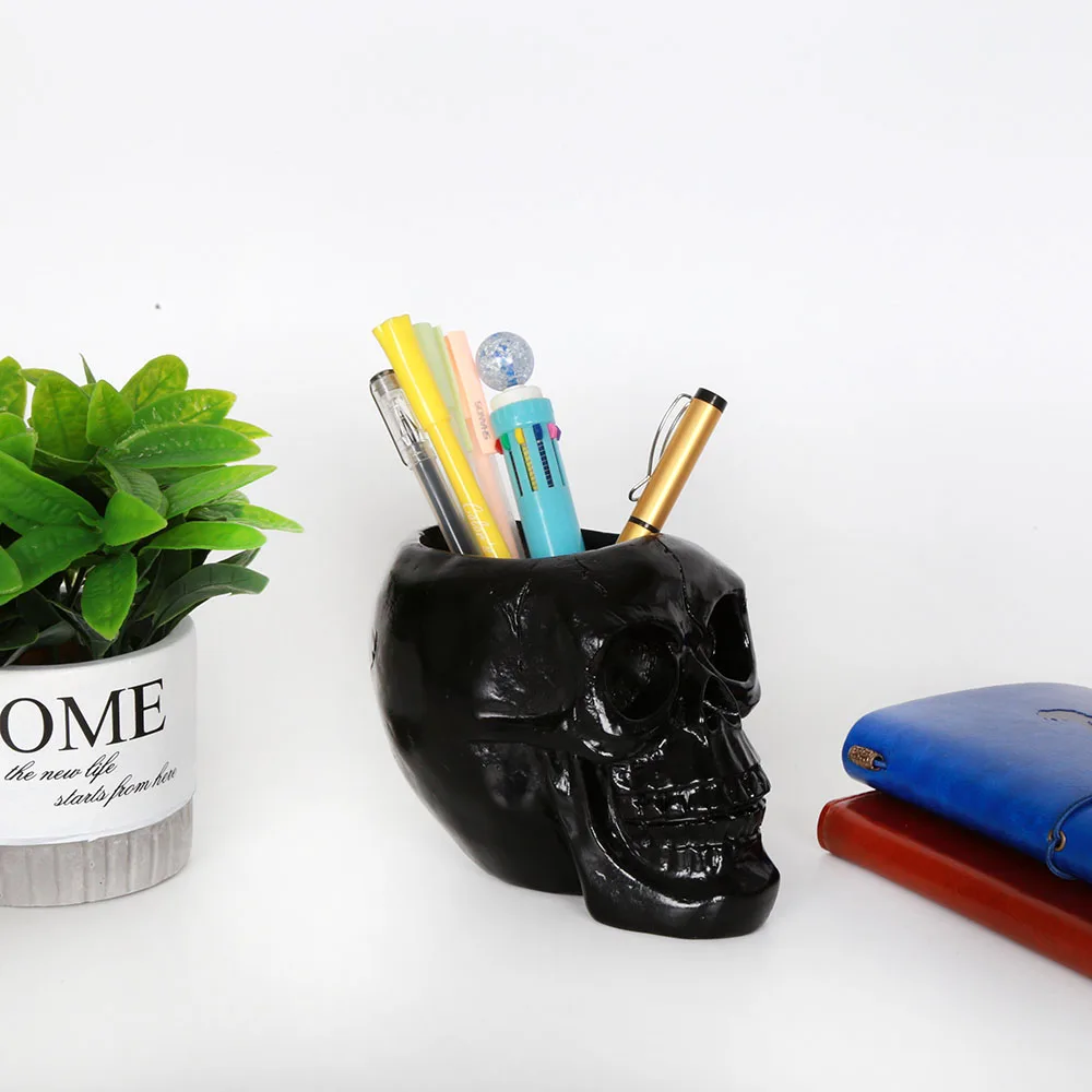 Desktop Flower Pot Resin Skeleton Head Stationery Pens Organizer Skull Pen Holder Cup Black Skull Makeup Brush Holder Ornament