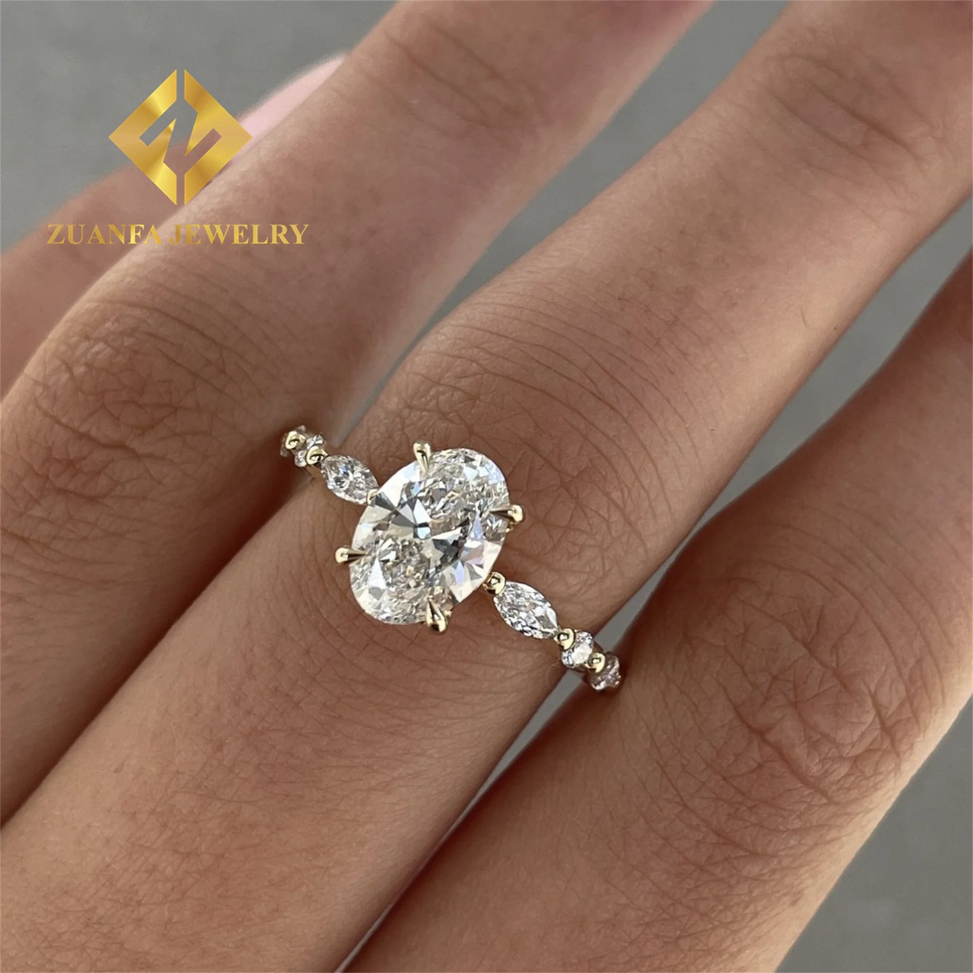 Luxury 14k Yellow Gold Boutique Bridal Wedding Jewelry Flawless Oval +Marquise Moissanite Diamond Engagement Wedding Band Ring