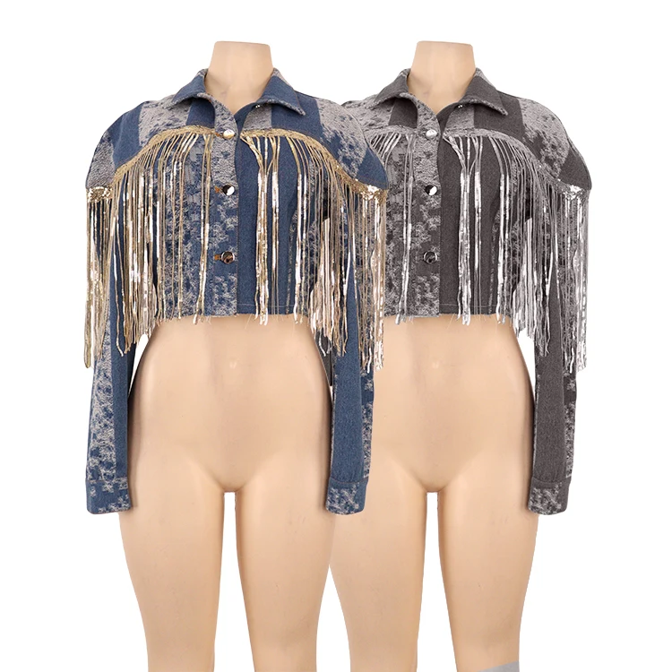 Custom Fashion Women Sequins Fringe Single-Breasted Drop-Shoulder Washed Crop Denim Jeans Jackets