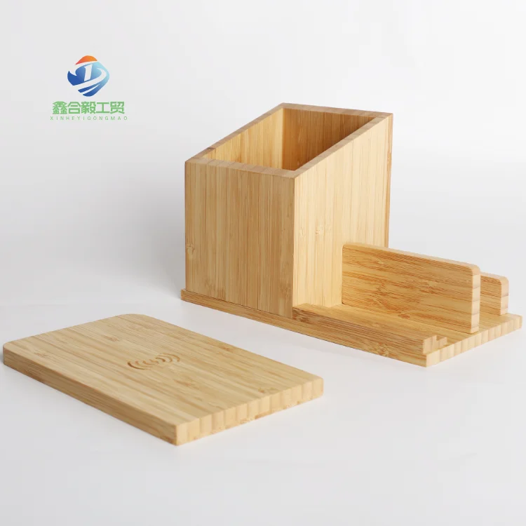 Custom Logo 3 In 1 Wireless Charger Bamboo Wireless Charger Stand With Pen Holder