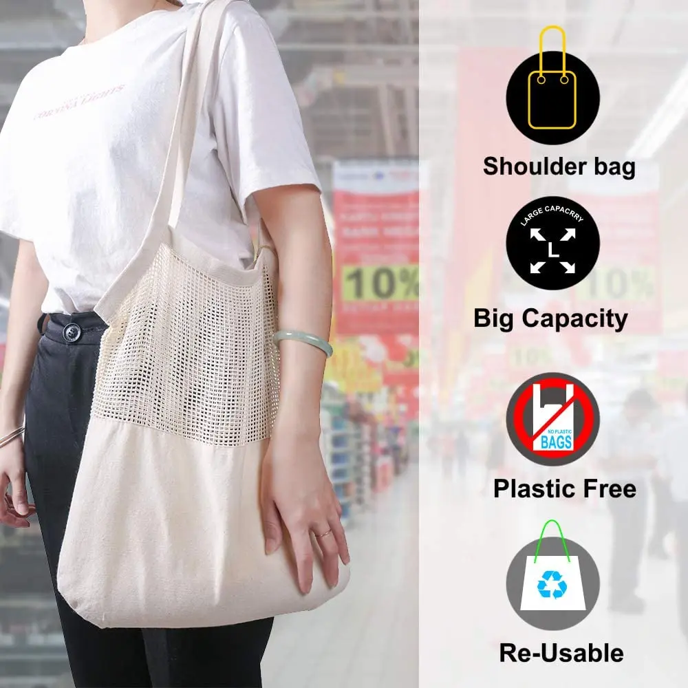 Eco Friendly Reusable Mesh Bag Washable Natural Organic Cotton Mesh Produce Shopping Bag Produce Bags For Vegetable Fruit