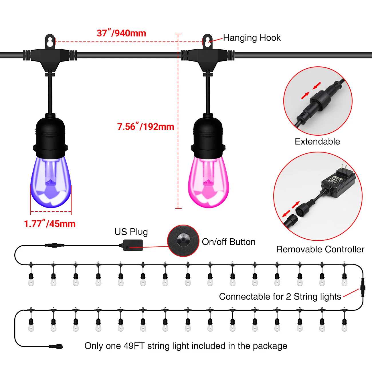 Smart RGB Outdoor LED Commercial String Light with Vintage Edison S14 LED Bulbs for Holiday Garden Patio Christmas Use TUYA APP