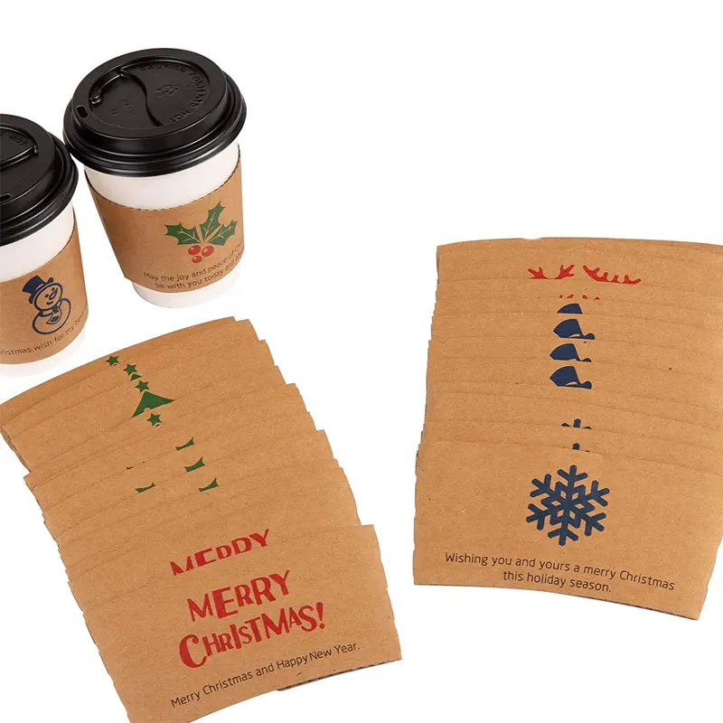 Christmas Coffee Tea Cup Sleeves Kraft Paper Sleeves  1oz and 16oz Disposable Corrugated Cover Hot Chocolate Cocoa Cold Drinks