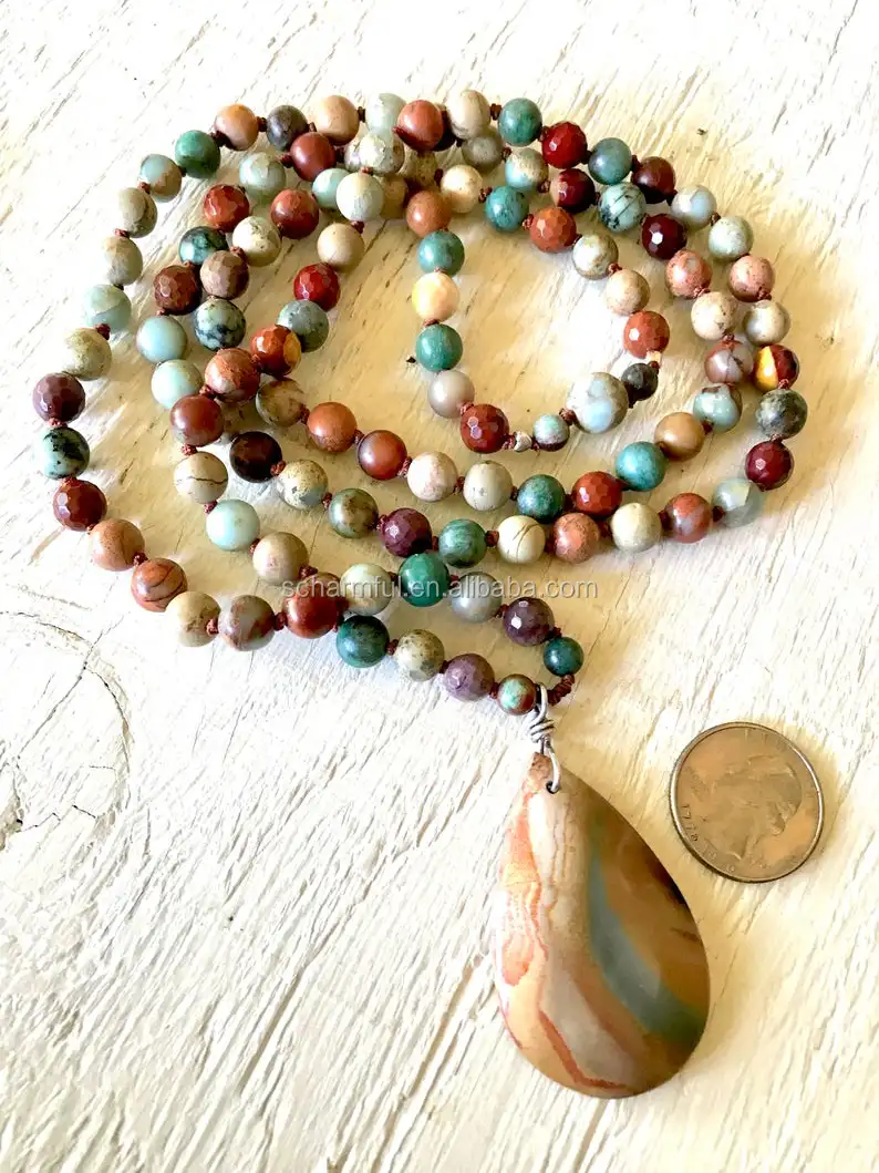 NS20051 Hand Knotted Imperial Jasper Beads Stone Necklace WIth Imperial Jasper Pendant