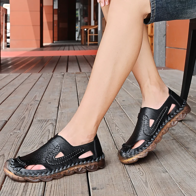 
Hand woven leather thick soles men slippers 