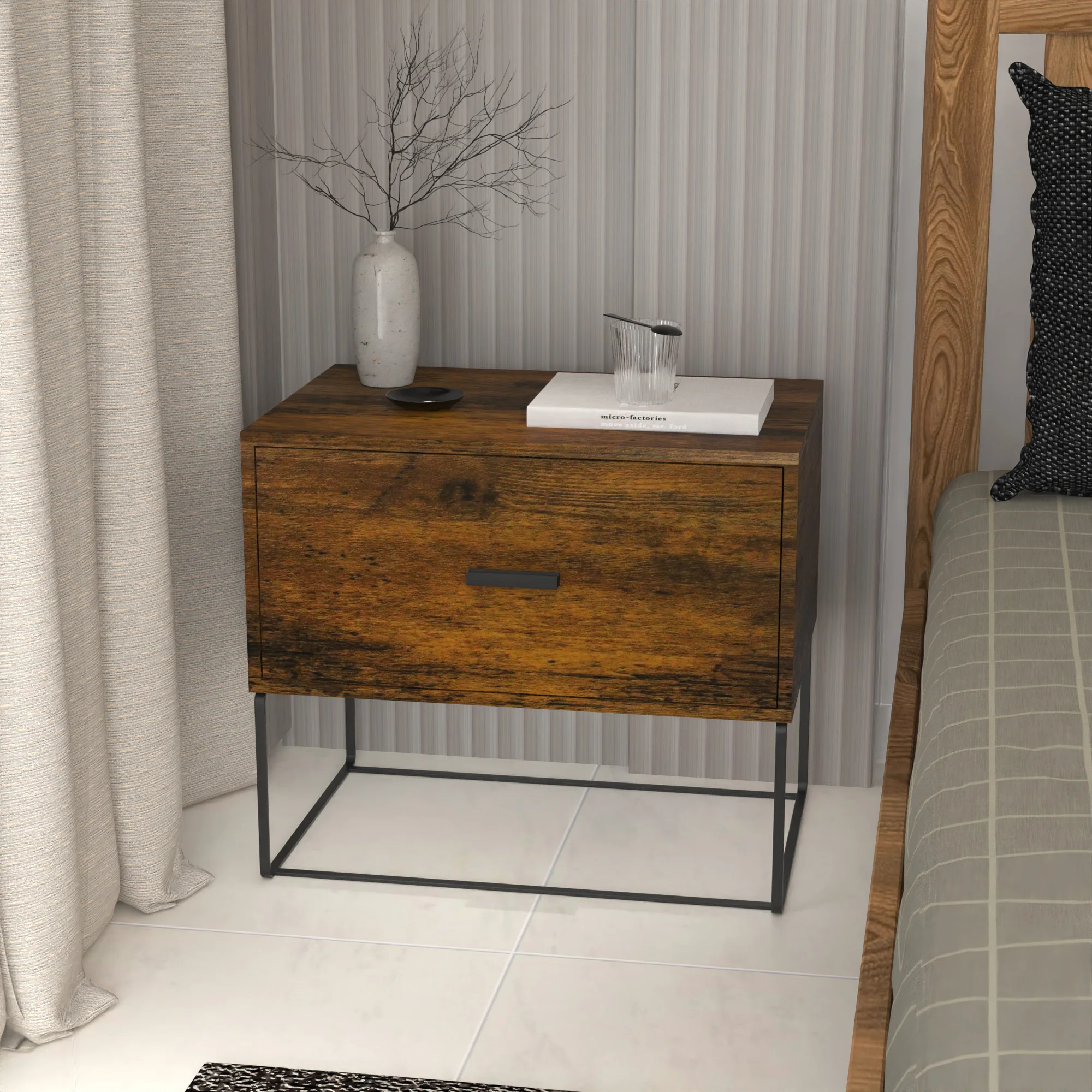 Custom wooden bedroom furniture bedside cabinet walnut nightstand bedside table with led lights