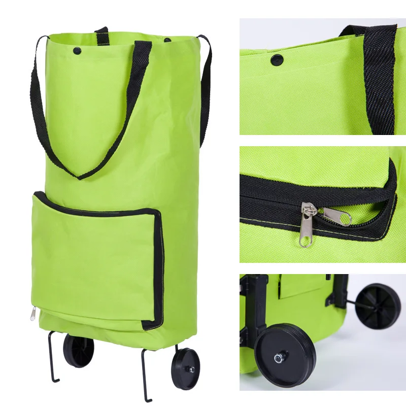 wholesale green foldable folding wheel custom logo shopping cart trolley bags