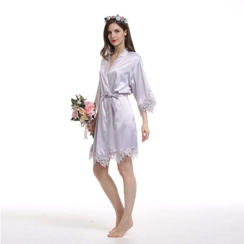 WH04 Plus Size factory morning robe hot sale bride bridesmaid wedding dressing gown solid color matte satin silk lace nightgown