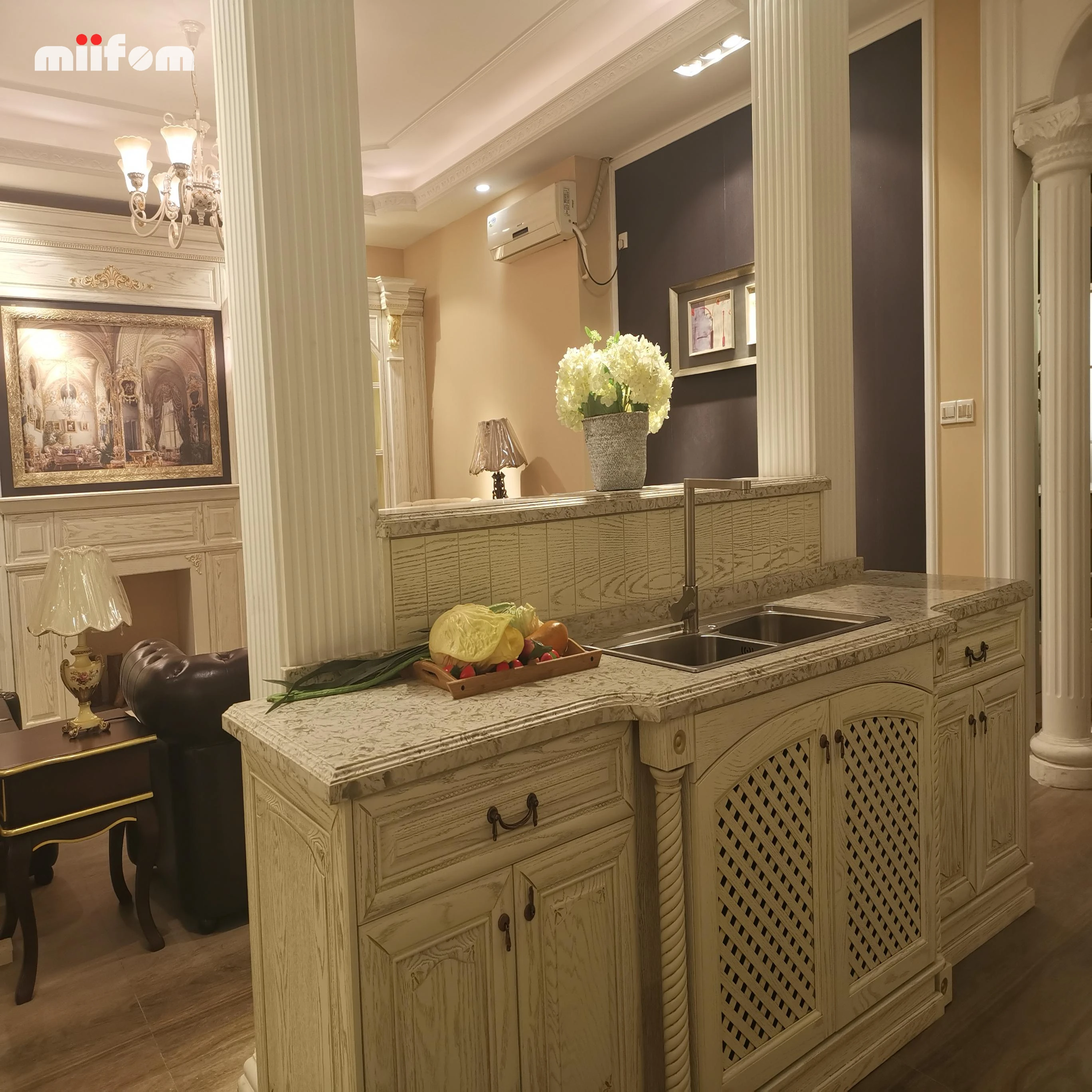 Victorian style European antique white wood grain lacquer kitchen cabinets