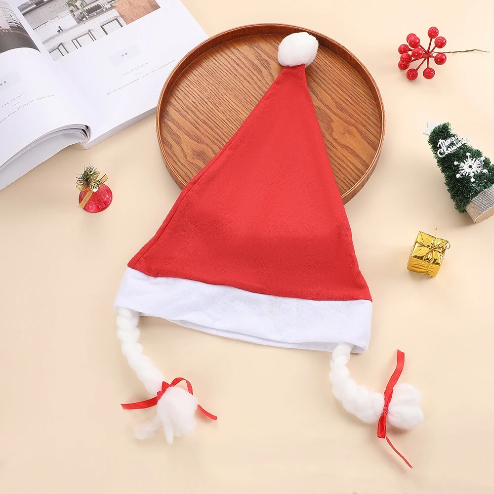 Christmas Santa Claus Hat with Braids for Adults Warm Xmas Holiday Beanie Hats for New Year