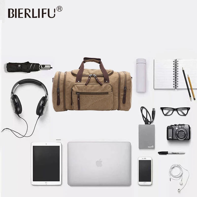 Large capacity cotton canvas carrying luggage bag weekender sport travel bags men overnight duffle bag