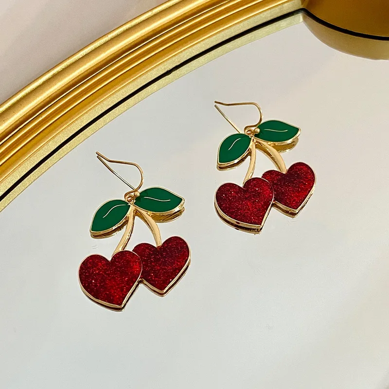 Rinhoo Korean Sweet Red Cherry Earrings Girl Women Summer Cute Alloy Fruit Enamel Fresh Pendant Ear Jewelry Cute Party Earring