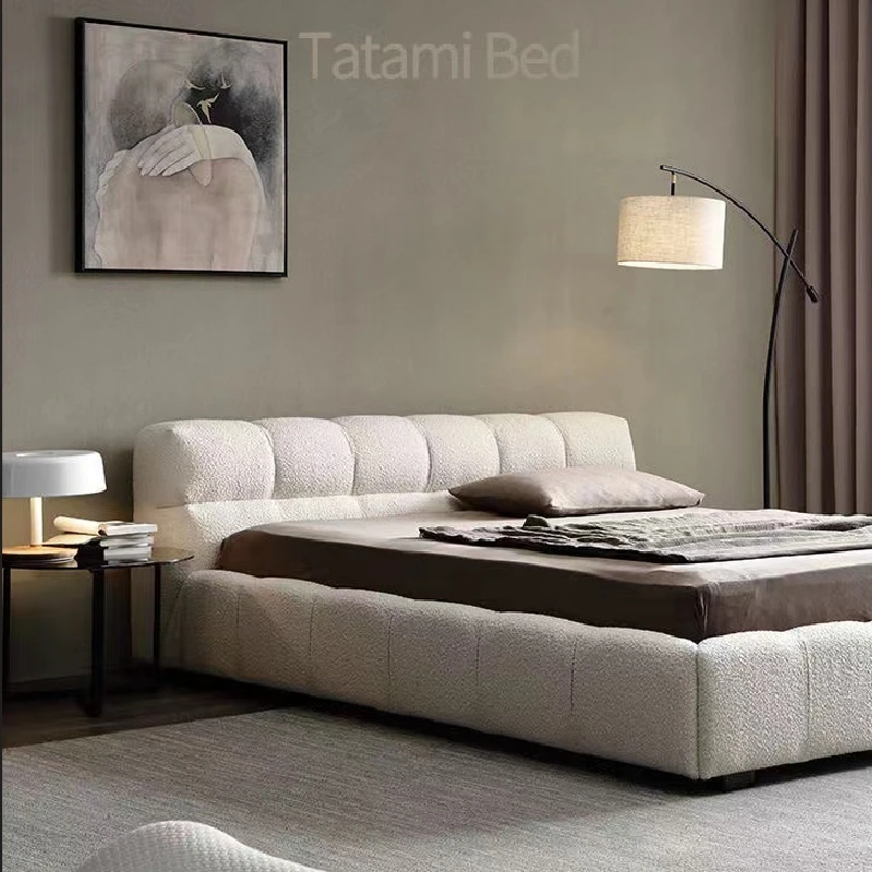 Modern Italian Minimalist Style Lambswool Fabric Designer Master Bedroom Puff Bed  for Sale