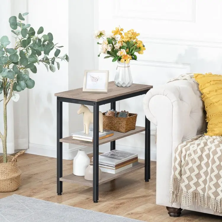 HOOBRO Rustic Narrow Side End Table, 3 Tier Simple Slim Lamp Accent Table with Storage Shelf for Small Spaces for Living Room