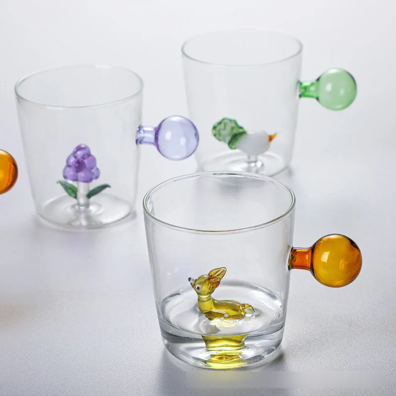Glass three-dimensional animal cartoon cup with handle ball handle glass drinking cup transparent glass single layer cup