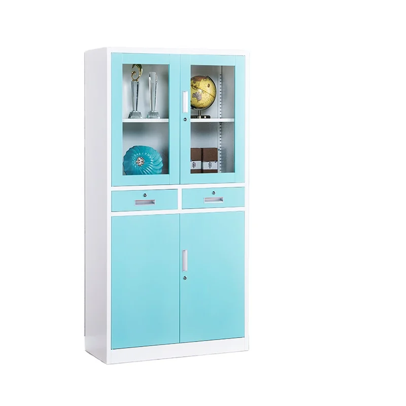 Steel Cupboard With 2 Drawer In The Middle Metal Storage Cabinet Office Furniture Top Glass Door Bottom Metal Door