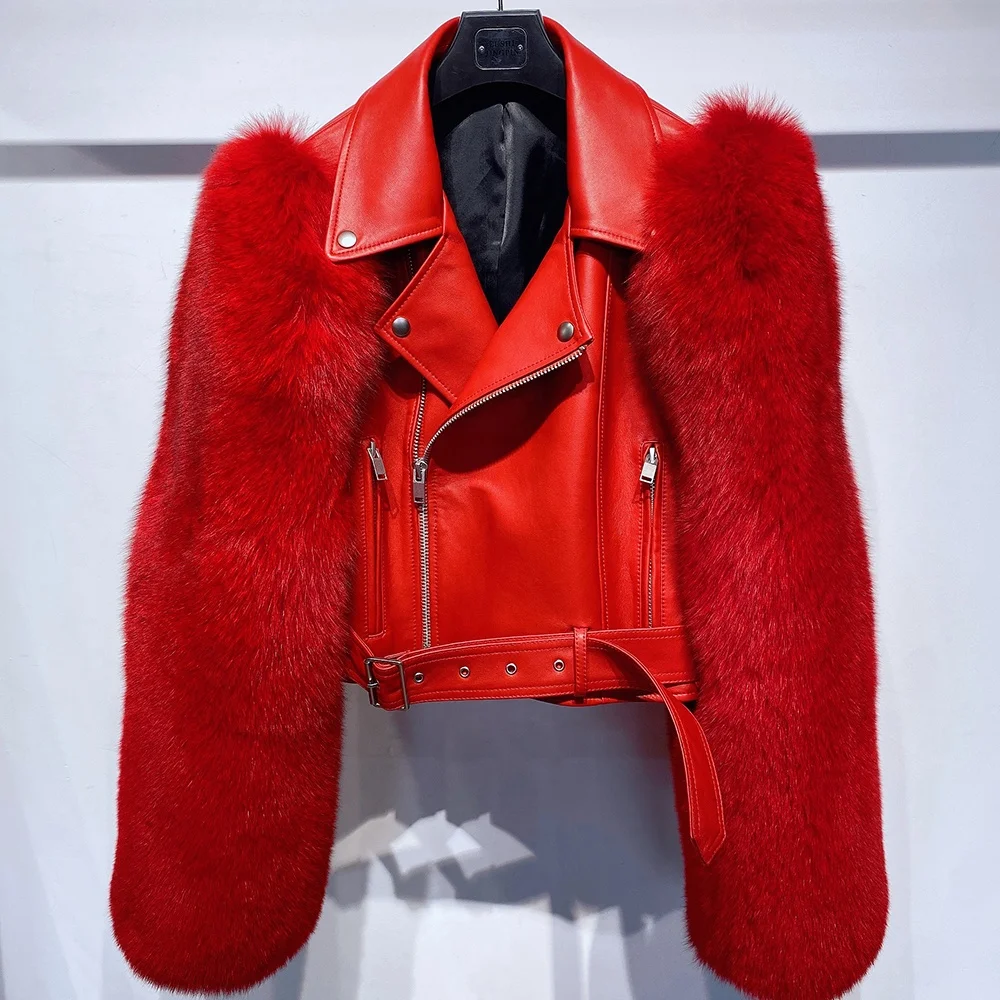 Red lambskin leather cropped jacket women leather biker jacket leather real fox fur jacket