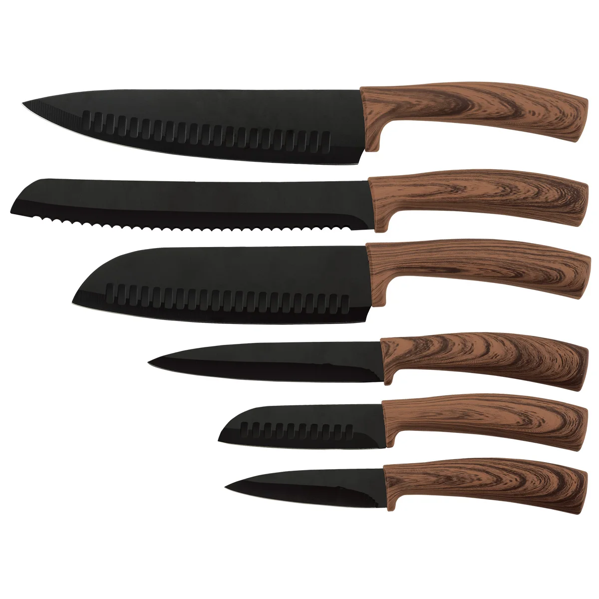 
Professional Black And Wood-like TPR Handle Copper Coating Kitchen Knife Set 