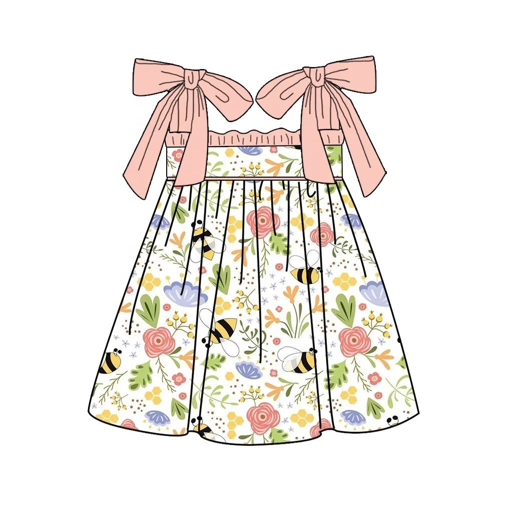 Puresun custom designs wholesale spring baby clothing bee flowers knit print girls romper with bow tie strap