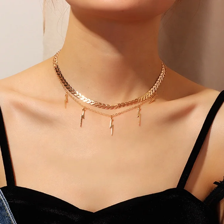 Simple Women Gold Blade Necklace Choker Jewelry Fashion Lightning Bolt Necklace