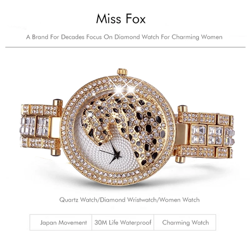 MISSFOX Women Quartz Watch Fashion Bling Casual Ladies Gold Watch Crystal Diamond Leopard for Women Clock
