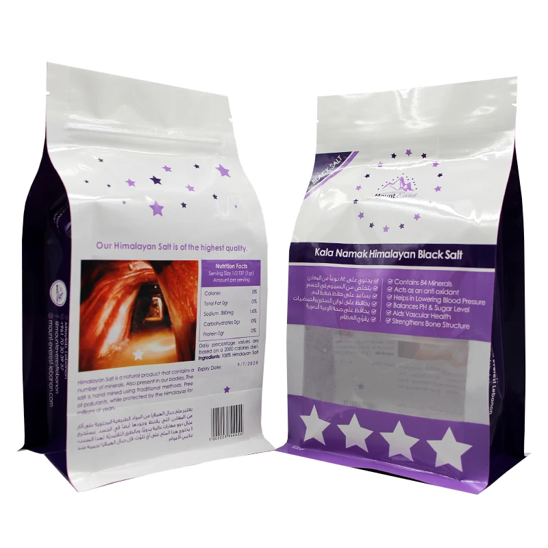 Custom Size Eight-Side Sealing Stand-Up Zipper Top Bags Flat Bottom with Window Valve Nuts for Tea Soda Food Beverages