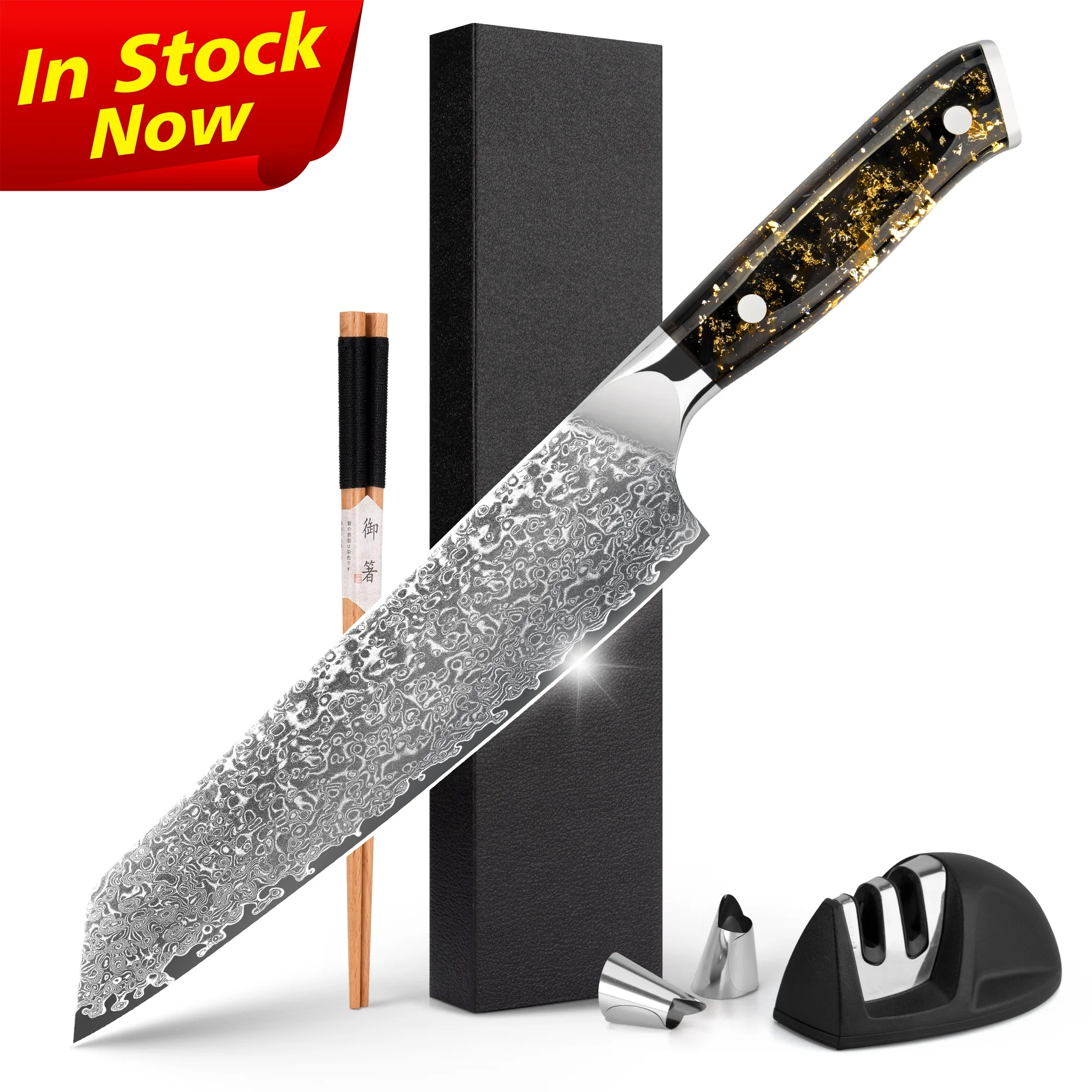 10% off Custom Logo 67 layers vg10 8 inch japanese kiritsuke chef knife Damascus with Carbon Fiber Gold Powder Acrylic Handle