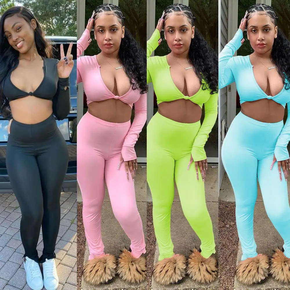 2021 Womens Sexy Two Piece Long Sleeve V Neck Knot Front Crop Top High Waist Skinny Leggings 2 piece set women Tracksuit