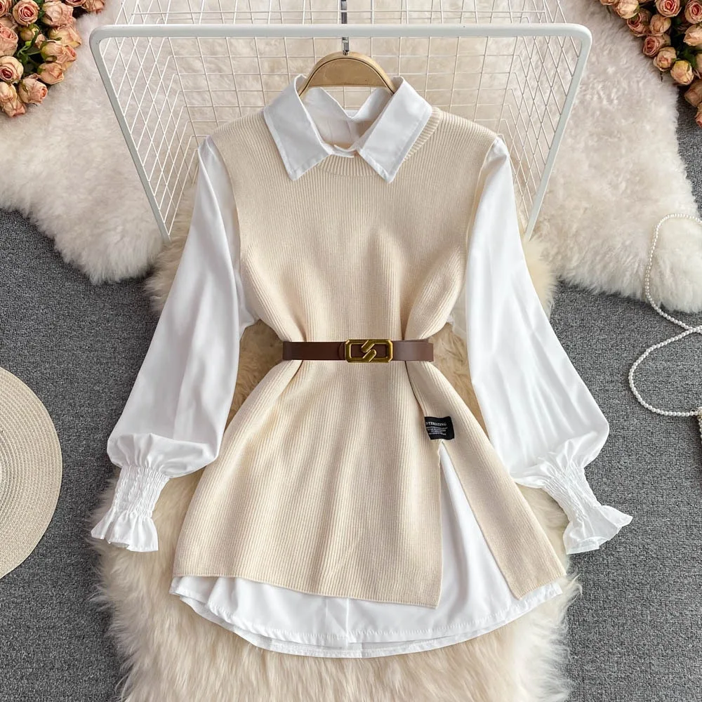 Spring and Autumn Women Long Sleeve Set White Shirt Sweater Loose Knitted Vest Shirt Two Piece Set For Women