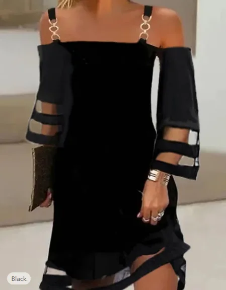 S-3XL European and American Fashion Mesh Sling Dress Hollow out dress A-line dress