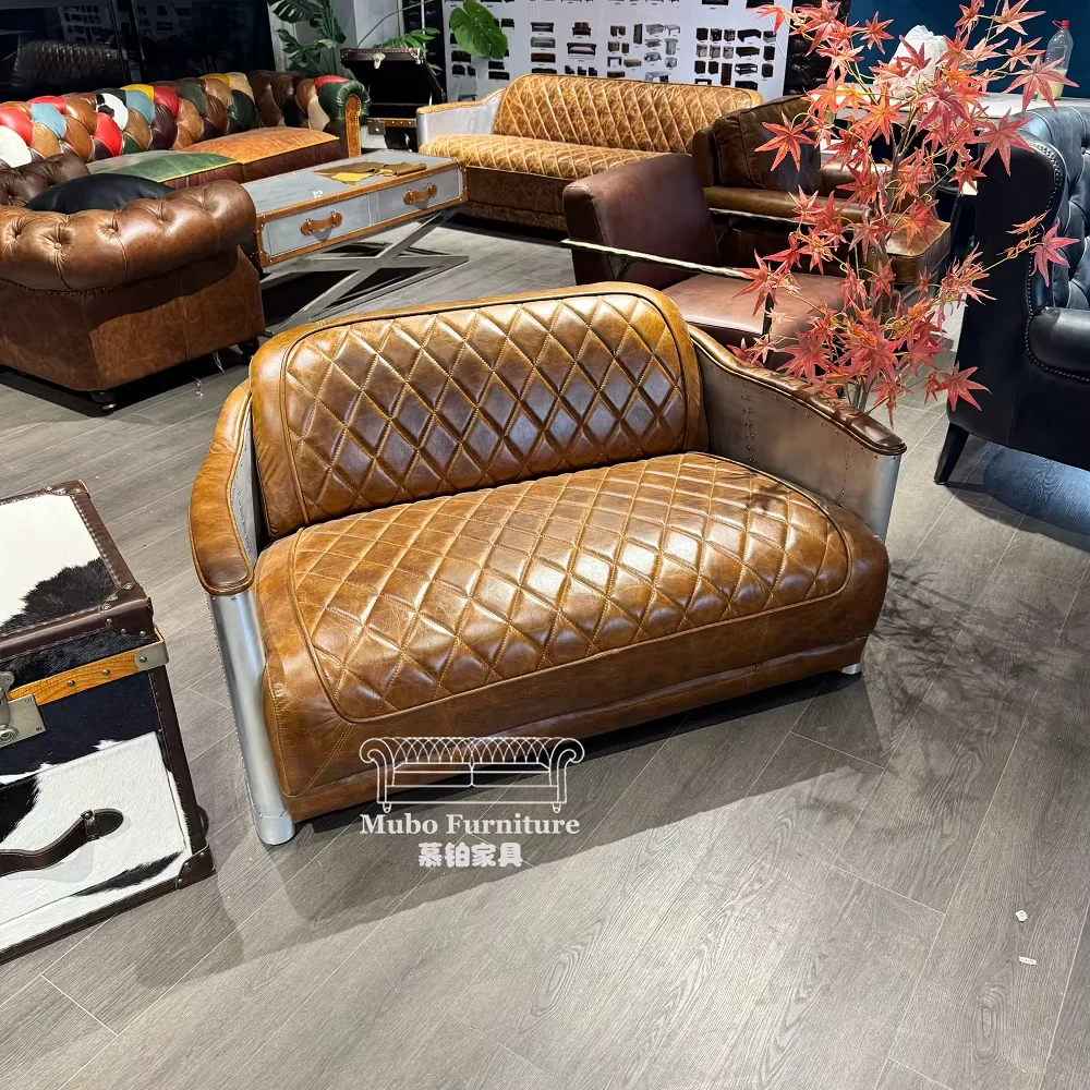 Industrial loft american vintage antique leather 3 seater aviation sofa set