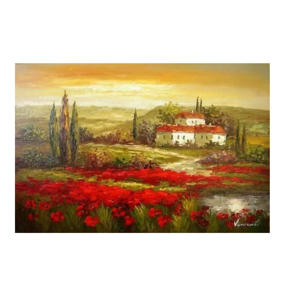 100% Real Hand Painted Italian Tuscany Red Poppy Field Oil Painting on the Canvas by Professional Artist for Home Wall Art Decor