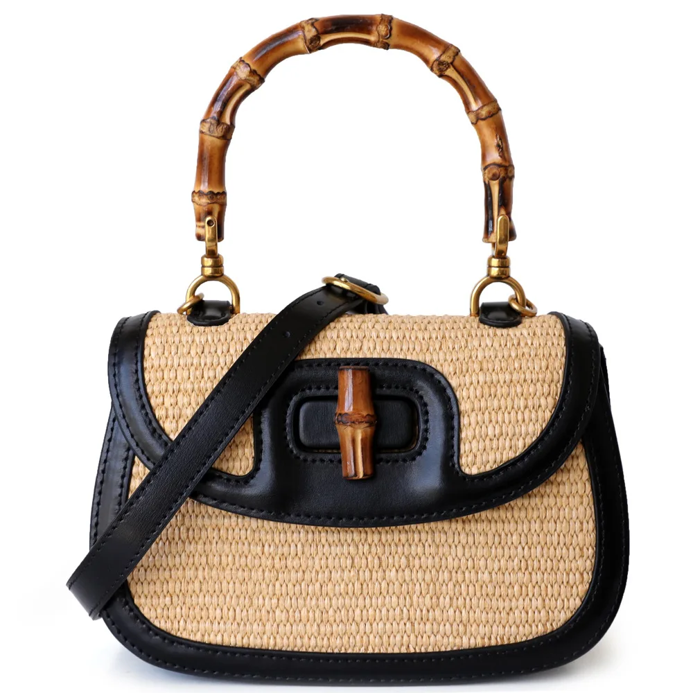 YIMYIK Fashion Straw Woven Women Small Handbags Splicing Design Lady Saddle Hand Bags With Bamboo Handle
