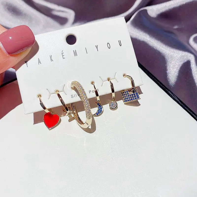 Korean earring set with Zircon Earrings and red heart blue diamond moon lock Earrings