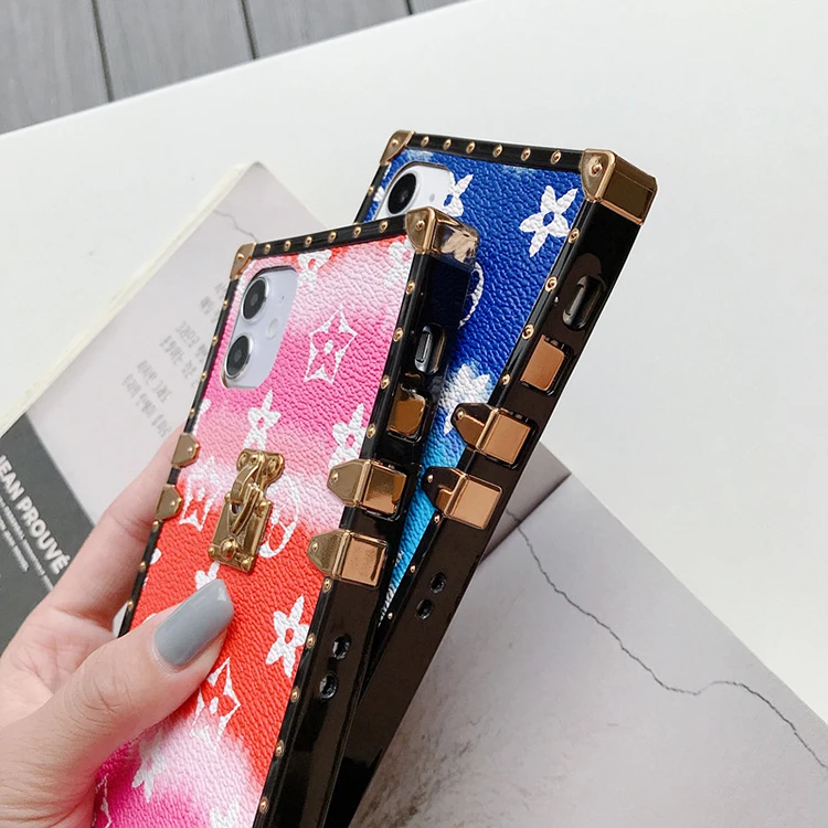 Brand Logo Wholesale Design Luxury Leather Square Mobile Phone Case Back Cover For 12 11 Pro Max Mini XR XS X 8 7 with Strap