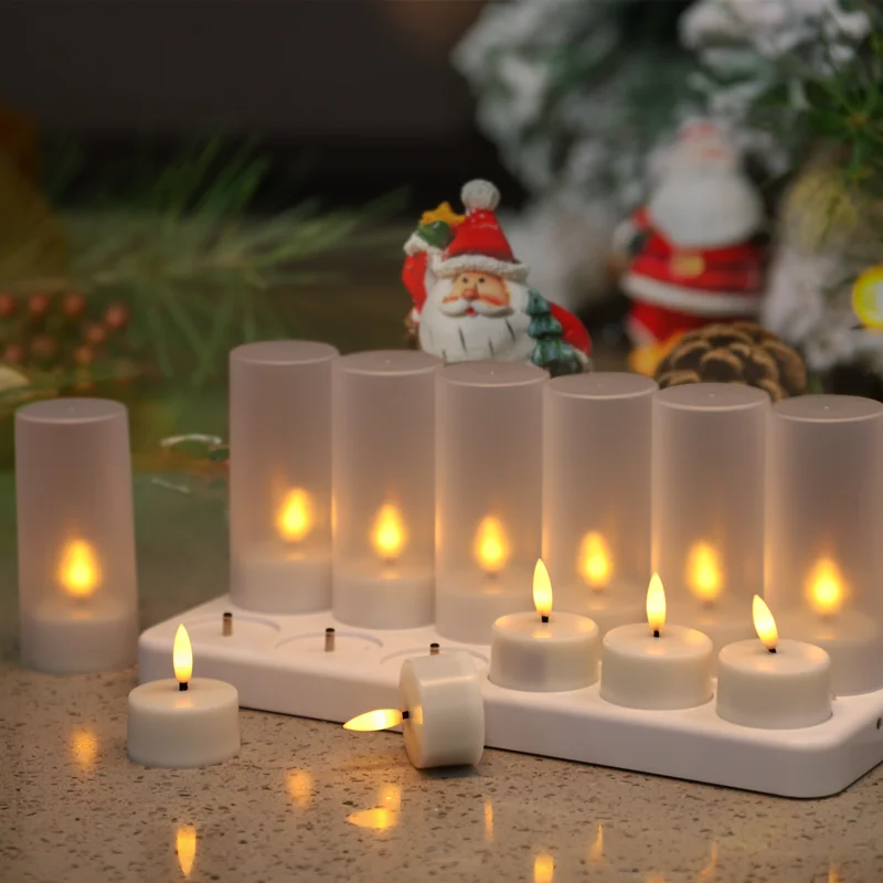 Set Of 12 Remote Control USB Flickering 3D Bullet Flameless Rechargeable LED Candle Tealight with Chargeing base and White Cup