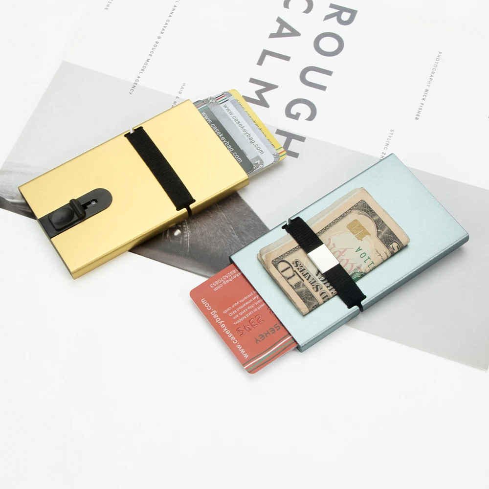Dropshipping Slim Automatic Stainless Steel Credit Card Box Wallet Tarjetero De Aluminio RFID Secure Pop Up Aluminum Card Holder